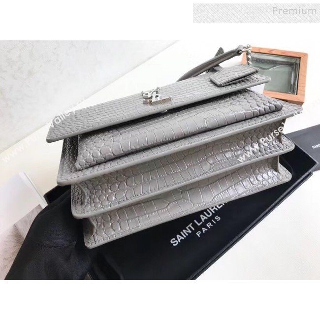Saint Laurent Sunset Medium Shoulder Bag in Shiny Crocodile-Embossed Leather 442906 Grey 2019 (KTSD-9092633)