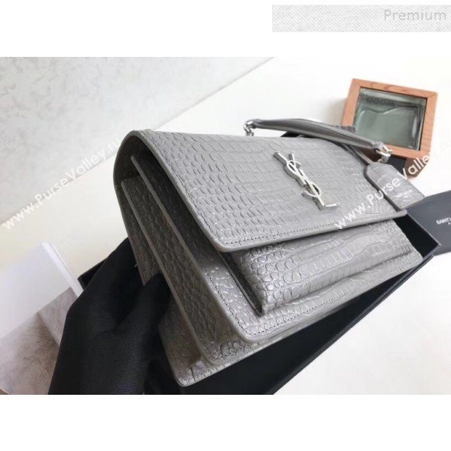 Saint Laurent Sunset Medium Shoulder Bag in Shiny Crocodile-Embossed Leather 442906 Grey 2019 (KTSD-9092633)