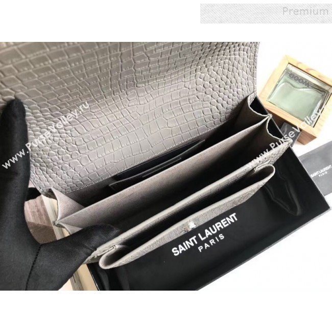 Saint Laurent Sunset Medium Shoulder Bag in Shiny Crocodile-Embossed Leather 442906 Grey 2019 (KTSD-9092633)