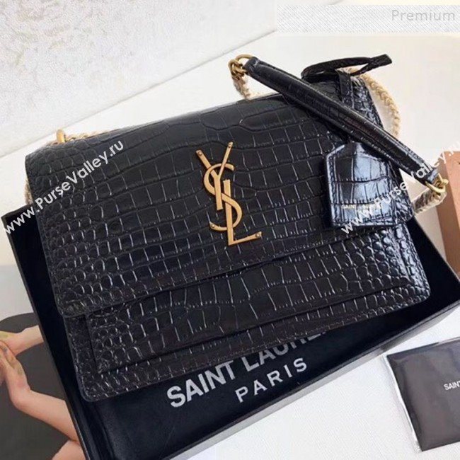 Saint Laurent Sunset Medium Shoulder Bag in Shiny Crocodile-Embossed Leather 442906 Black 2019 (KTSD-9092632)