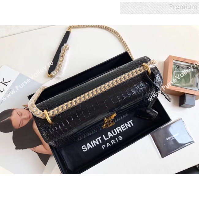 Saint Laurent Sunset Medium Shoulder Bag in Shiny Crocodile-Embossed Leather 442906 Black 2019 (KTSD-9092632)