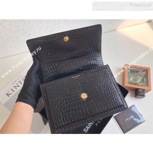 Saint Laurent Sunset Medium Shoulder Bag in Shiny Crocodile-Embossed Leather 442906 Black 2019 (KTSD-9092632)