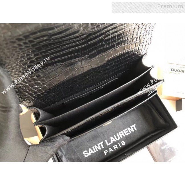 Saint Laurent Sunset Medium Shoulder Bag in Shiny Crocodile-Embossed Leather 442906 Black 2019 (KTSD-9092632)