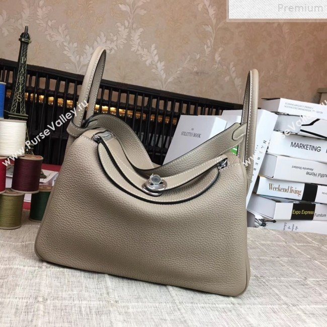 Hermes Lindy 26cm/30cm in Togo Leather with Silver Hardware Light Grey Leather (Half Handmade) (AMIN-9072451)