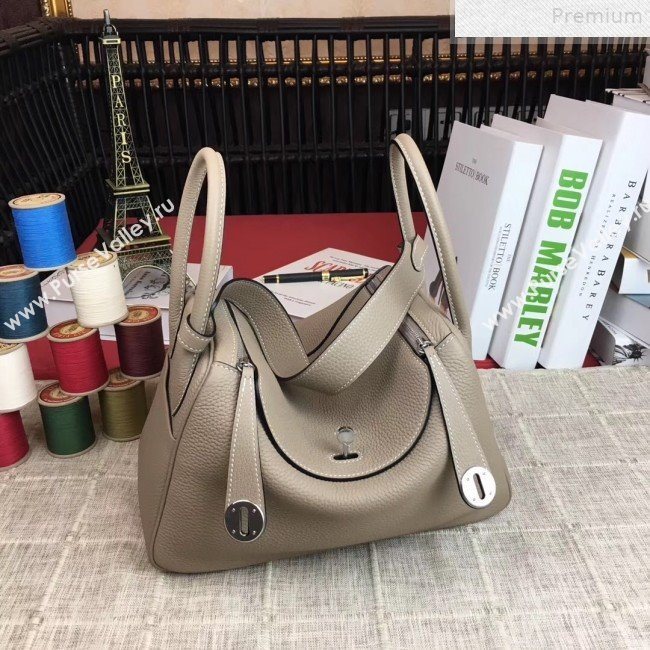 Hermes Lindy 26cm/30cm in Togo Leather with Silver Hardware Light Grey Leather (Half Handmade) (AMIN-9072451)