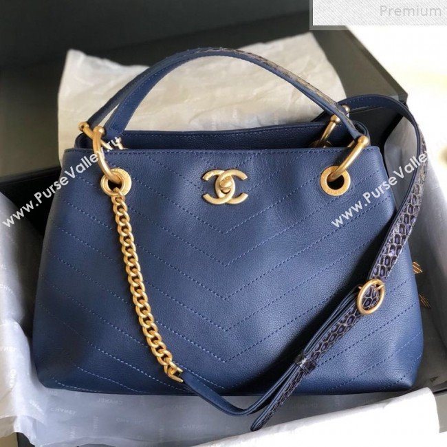 Chanel Chevron Calfskin and Snakeskin Large Zipped Shopping Bag Blue 2019 (YD-9072240)