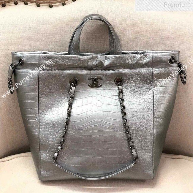 Chanel Metallic Crocodile Embossed Calfskin Large Shopping Bag AS0801 Silver 2019 (YD-9072243)