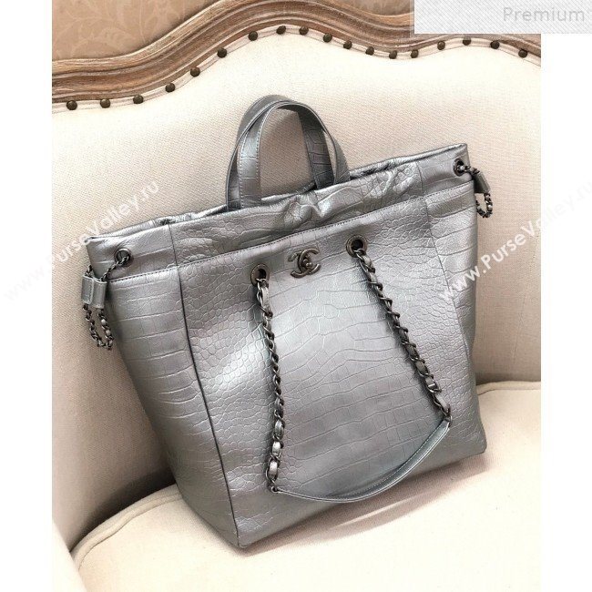 Chanel Metallic Crocodile Embossed Calfskin Large Shopping Bag AS0801 Silver 2019 (YD-9072243)