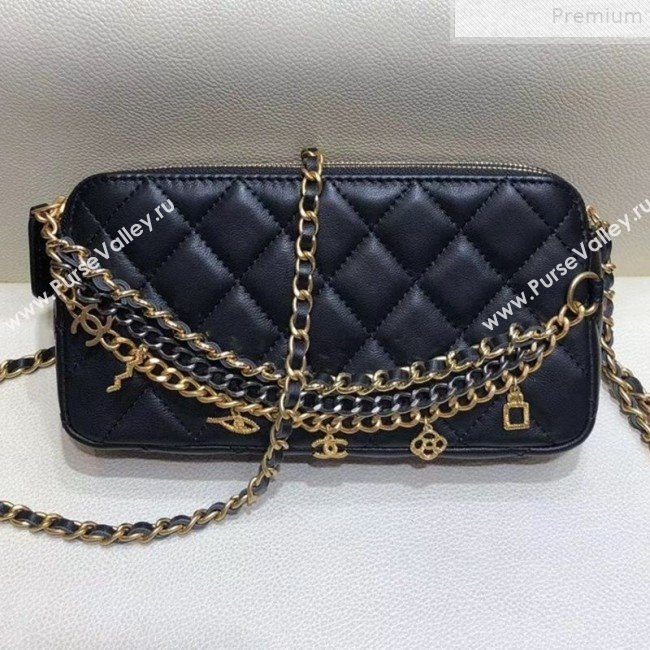 Chanel Quilted Smooth Leather Chain Tassel Clutch with Chain A86032 Black 2019 (KAIS-9072253)