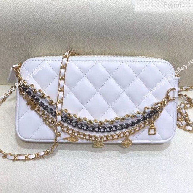 Chanel Quilted Smooth Leather Chain Tassel Clutch with Chain A86032 White 2019 (KAIS-9072254)