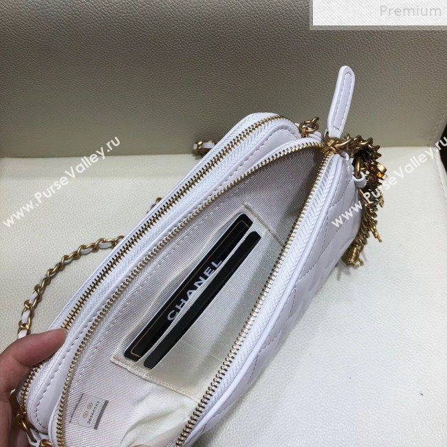 Chanel Quilted Smooth Leather Chain Tassel Clutch with Chain A86032 White 2019 (KAIS-9072254)