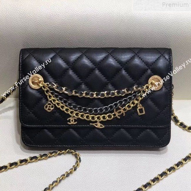 Chanel Quilted Smooth Leather Chain Tassel Wallet on Chain WOC A86031 Black 2019 (KAIS-9072255)