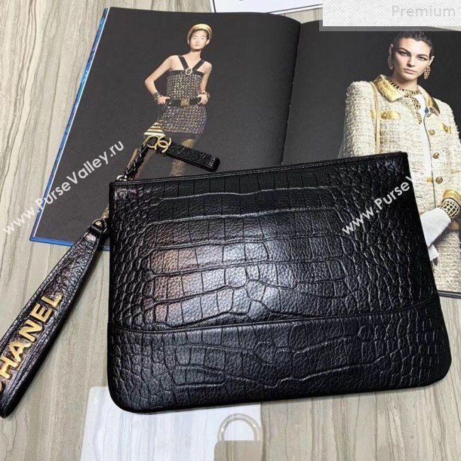 Chanel Crocodile Embossed Calfskin Large Pouch A86036 Black 2019 (KAIS-9072264)