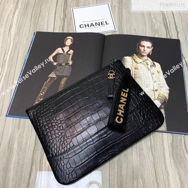 Chanel Crocodile Embossed Calfskin Large Pouch A86036 Black 2019 (KAIS-9072264)