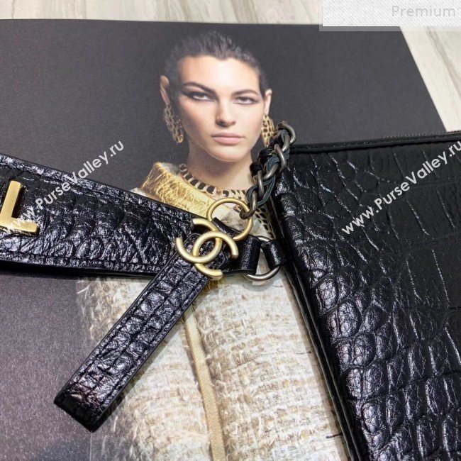 Chanel Crocodile Embossed Calfskin Large Pouch A86036 Black 2019 (KAIS-9072264)