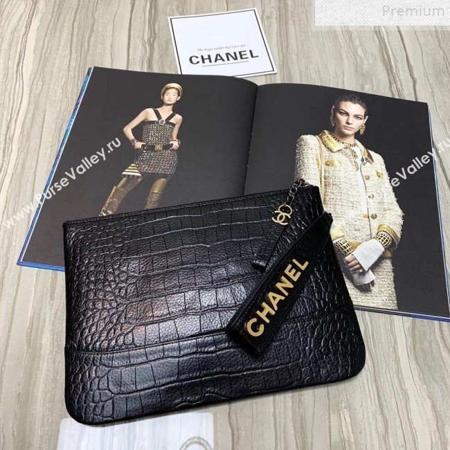 Chanel Crocodile Embossed Calfskin Large Pouch A86036 Black 2019 (KAIS-9072264)