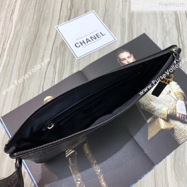 Chanel Crocodile Embossed Calfskin Large Pouch A86036 Black 2019 (KAIS-9072264)