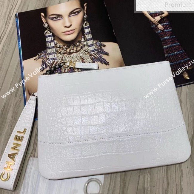 Chanel Crocodile Embossed Calfskin Large Pouch A86036 White 2019 (KAIS-9072265)