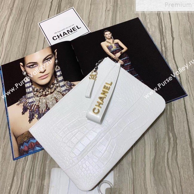 Chanel Crocodile Embossed Calfskin Large Pouch A86036 White 2019 (KAIS-9072265)