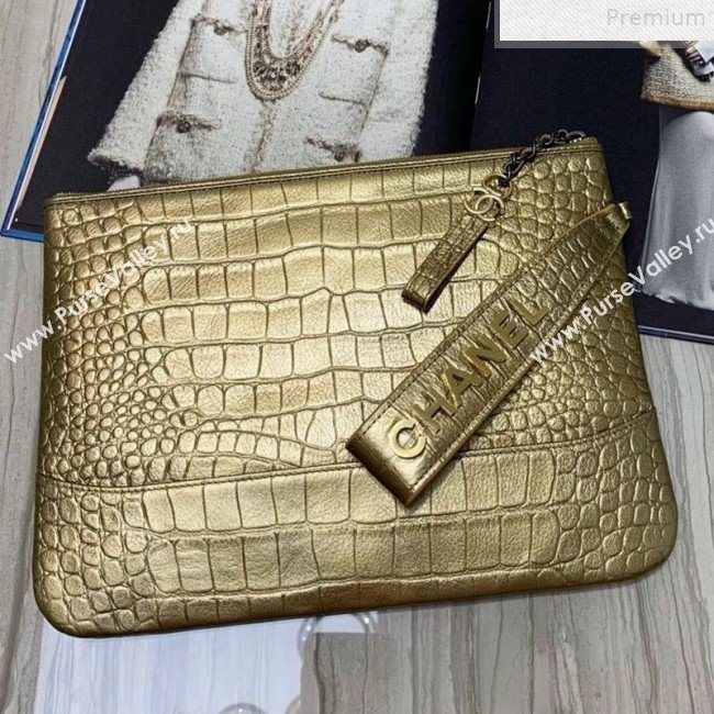 Chanel Metallic Crocodile Embossed Calfskin Large Pouch A86036 Gold 2019 (KAIS-9072266)