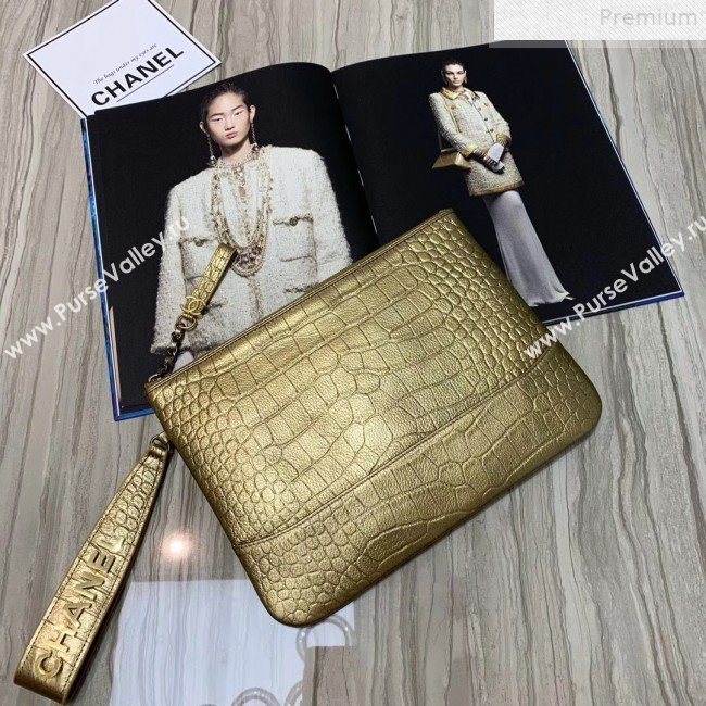 Chanel Metallic Crocodile Embossed Calfskin Large Pouch A86036 Gold 2019 (KAIS-9072266)