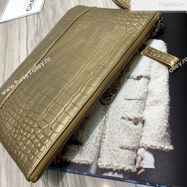 Chanel Metallic Crocodile Embossed Calfskin Large Pouch A86036 Gold 2019 (KAIS-9072266)