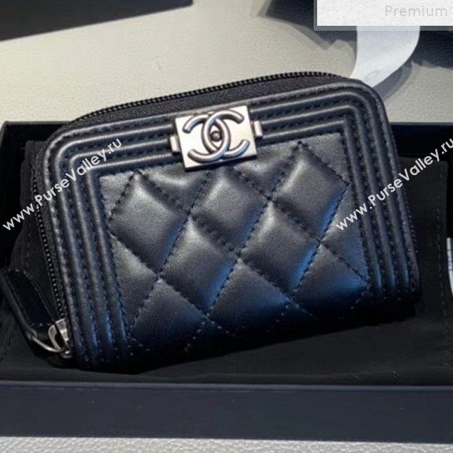 Chanel Quilted Smooth Lambskin Boy Zipped Coin Purse Black/Silver (KAIS-9072269)