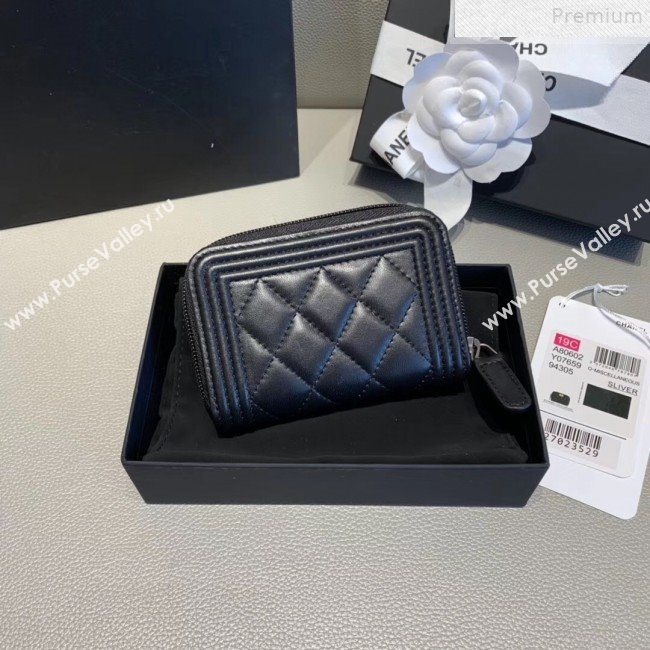 Chanel Quilted Smooth Lambskin Boy Zipped Coin Purse Black/Silver (KAIS-9072269)