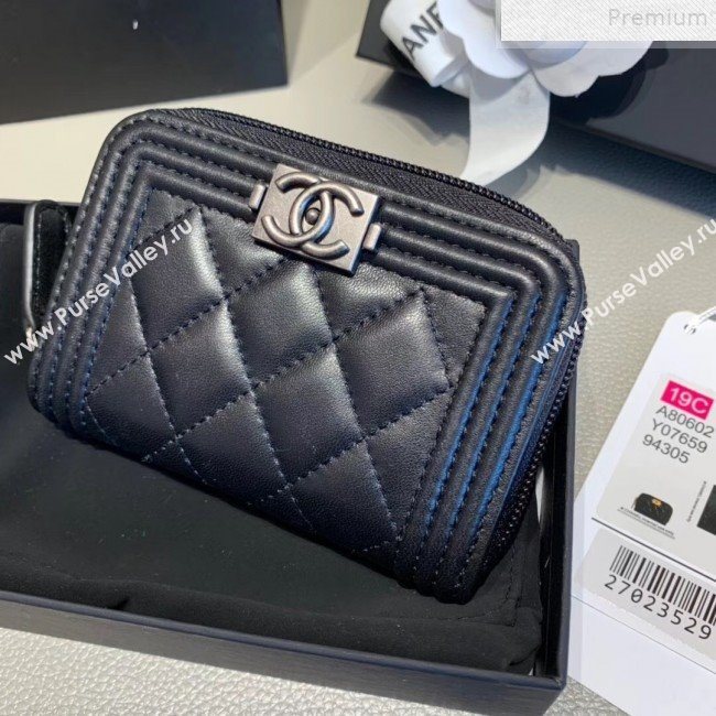 Chanel Quilted Smooth Lambskin Boy Zipped Coin Purse Black/Silver (KAIS-9072269)