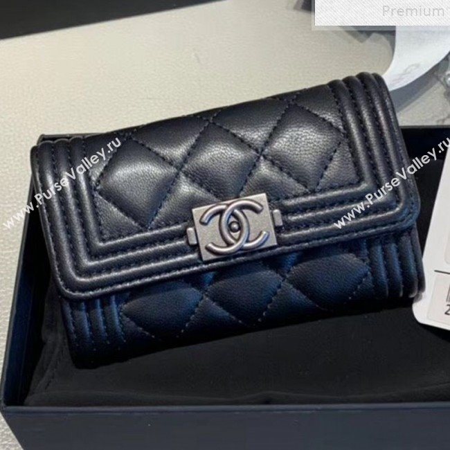 Chanel Quilted Smooth Lambskin Boy Flap Card Holder A80603 Black/Silver (KAIS-9072274)