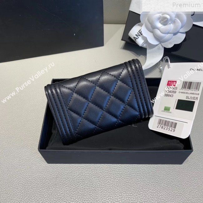 Chanel Quilted Smooth Lambskin Boy Flap Card Holder A80603 Black/Silver (KAIS-9072274)