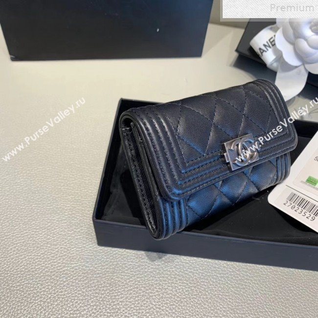 Chanel Quilted Smooth Lambskin Boy Flap Card Holder A80603 Black/Silver (KAIS-9072274)