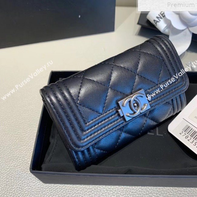 Chanel Quilted Smooth Lambskin Boy Flap Card Holder A80603 Black/Silver (KAIS-9072274)