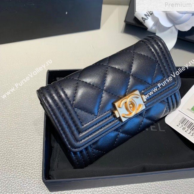 Chanel Quilted Smooth Lambskin Boy Flap Card Holder A80603 Black/Gold (KAIS-9072275)