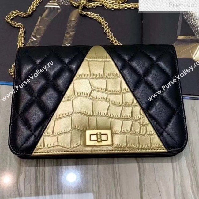 Chanel Metallic Crocodile Embossed Calfskin and Lambskin 2.55 Wallet on Chain AP0612 Black/Gold 2019 (FENGH-9072316)