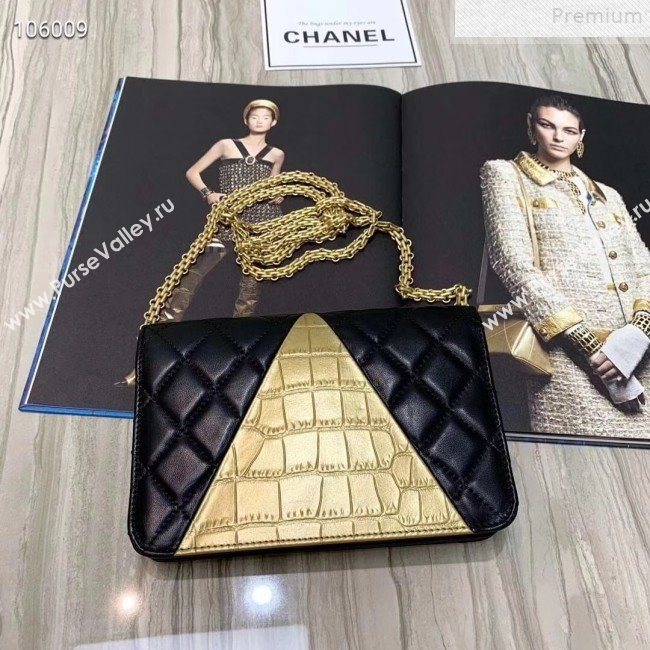 Chanel Metallic Crocodile Embossed Calfskin and Lambskin 2.55 Wallet on Chain AP0612 Black/Gold 2019 (FENGH-9072316)