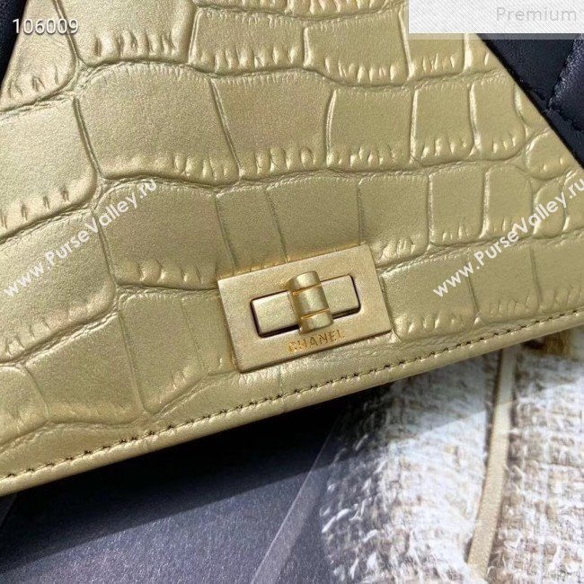 Chanel Metallic Crocodile Embossed Calfskin and Lambskin 2.55 Wallet on Chain AP0612 Black/Gold 2019 (FENGH-9072316)