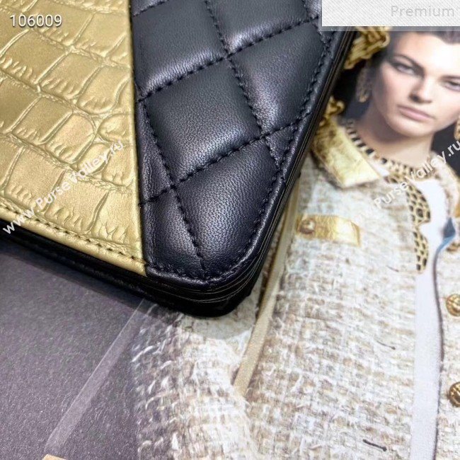 Chanel Metallic Crocodile Embossed Calfskin and Lambskin 2.55 Wallet on Chain AP0612 Black/Gold 2019 (FENGH-9072316)