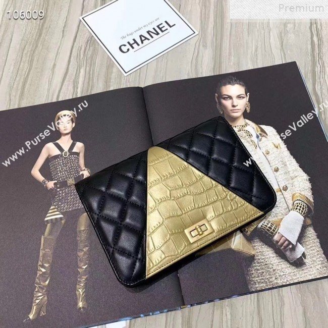 Chanel Metallic Crocodile Embossed Calfskin and Lambskin 2.55 Wallet on Chain AP0612 Black/Gold 2019 (FENGH-9072316)