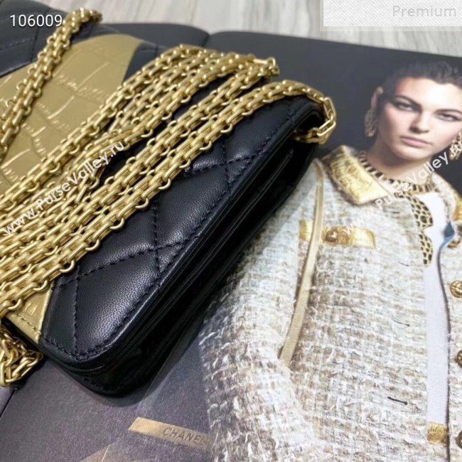 Chanel Metallic Crocodile Embossed Calfskin and Lambskin 2.55 Wallet on Chain AP0612 Black/Gold 2019 (FENGH-9072316)