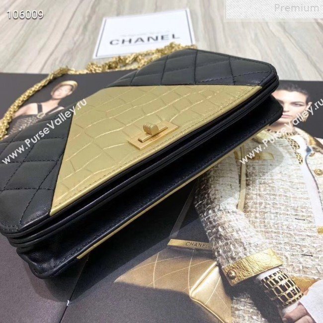 Chanel Metallic Crocodile Embossed Calfskin and Lambskin 2.55 Wallet on Chain AP0612 Black/Gold 2019 (FENGH-9072316)