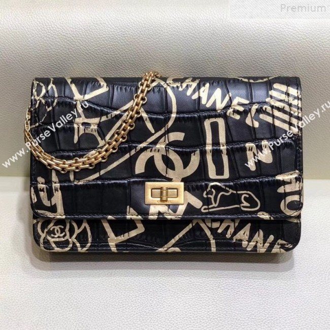 Chanel Crocodile Embossed Graffiti Printed Leather 2.55 Wallet on Chain A70328 2019 (SMJD-9072301)