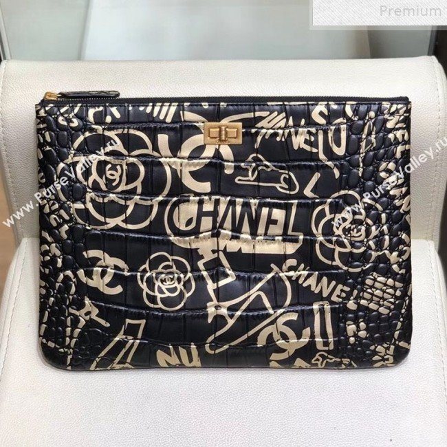 Chanel Crocodile Embossed Graffiti Printed Leather Large 2.55 Pouch A82726 2019 (SMJD-9072303)