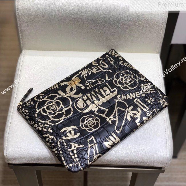 Chanel Crocodile Embossed Graffiti Printed Leather Large 2.55 Pouch A82726 2019 (SMJD-9072303)