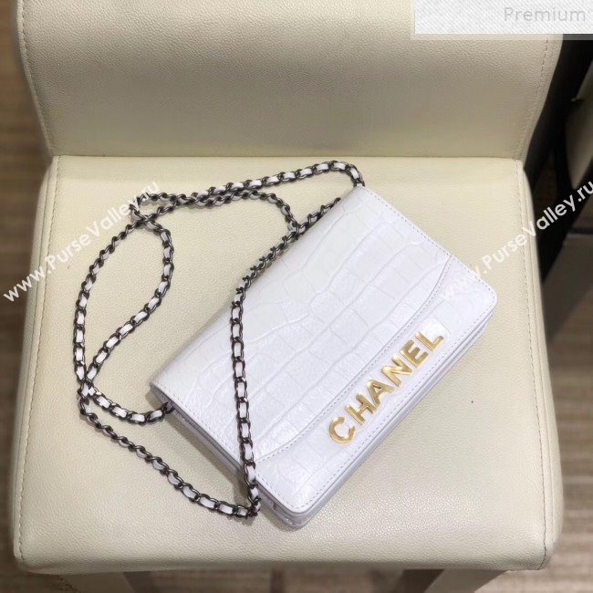 Chanel Crocodile Embossed Leather Gabrielle Wallet on Chain White 2019 (SMJD-9072304)