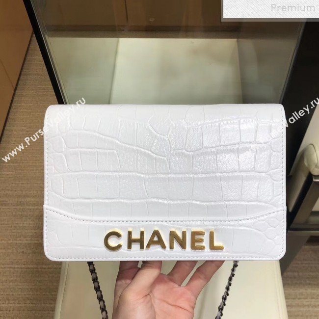 Chanel Crocodile Embossed Leather Gabrielle Wallet on Chain White 2019 (SMJD-9072304)