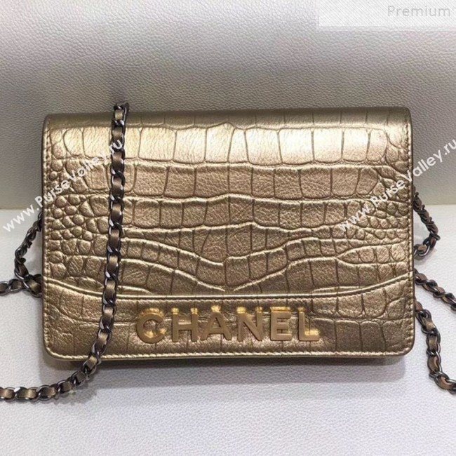 Chanel Metallic Crocodile Embossed Leather Gabrielle Wallet on Chain Gold 2019 (SMJD-9072306)