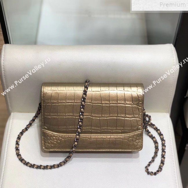 Chanel Metallic Crocodile Embossed Leather Gabrielle Wallet on Chain Gold 2019 (SMJD-9072306)