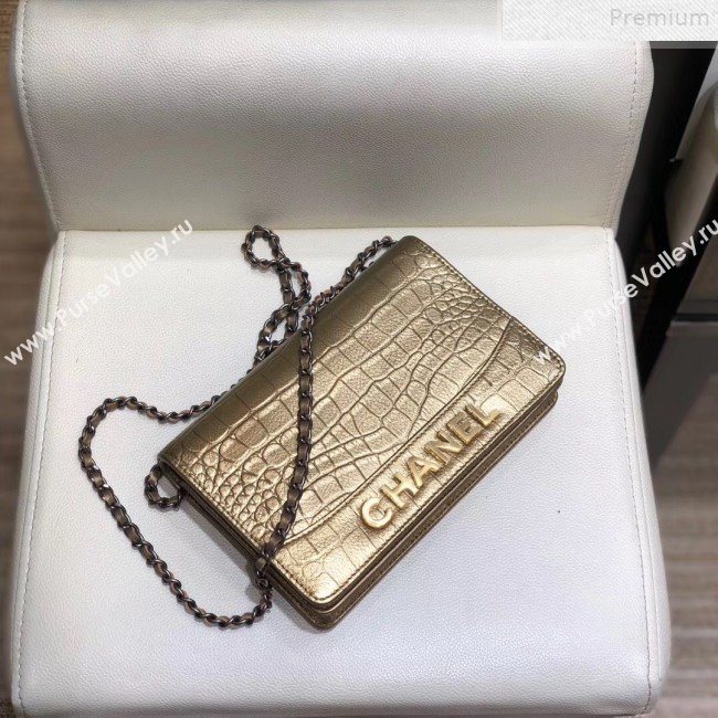 Chanel Metallic Crocodile Embossed Leather Gabrielle Wallet on Chain Gold 2019 (SMJD-9072306)