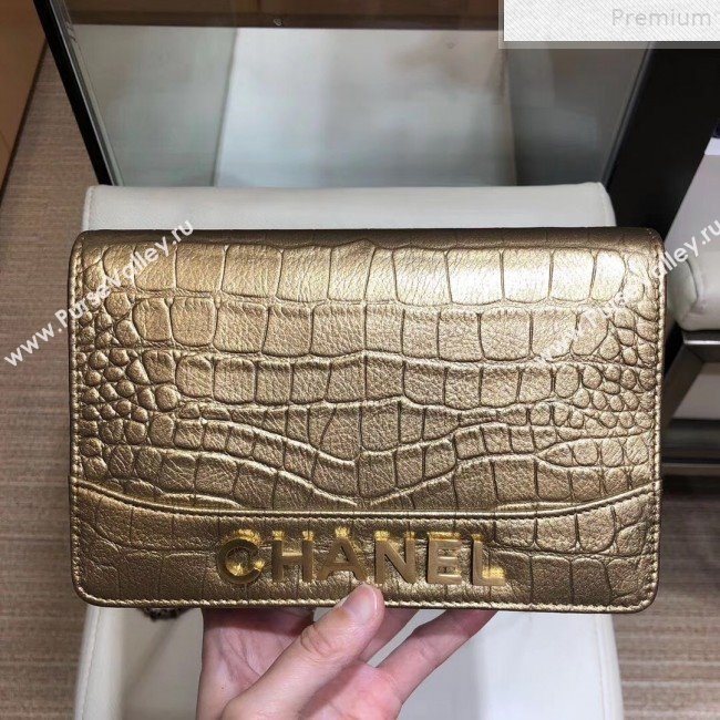 Chanel Metallic Crocodile Embossed Leather Gabrielle Wallet on Chain Gold 2019 (SMJD-9072306)